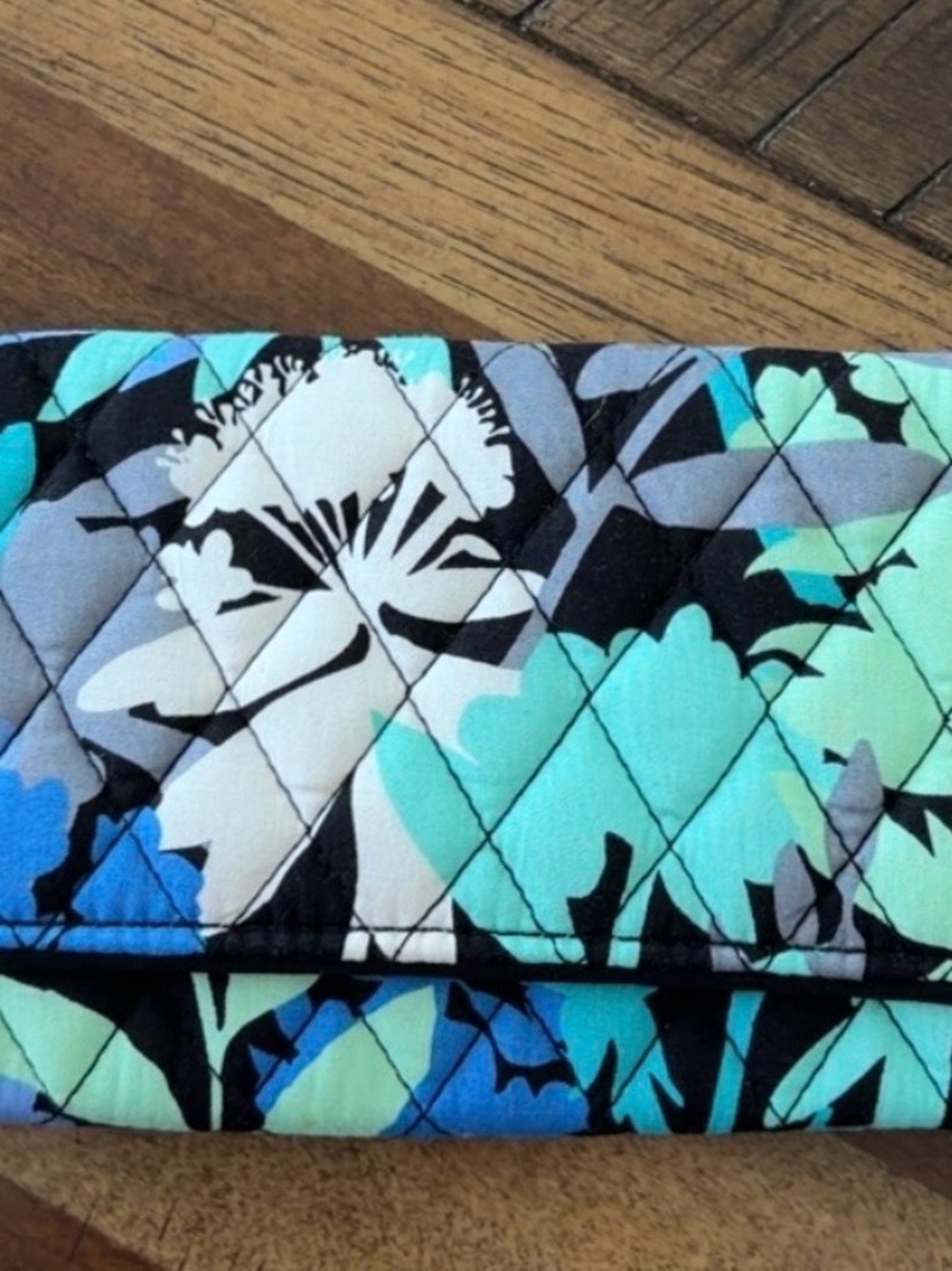 Vera Bradley Quilted Floral Fold-Over Wallet in Aqua, Black and White